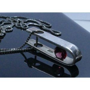 Modernist Sterling Silver Pendant Necklace With Garnet Gemstone On Long Box Chai